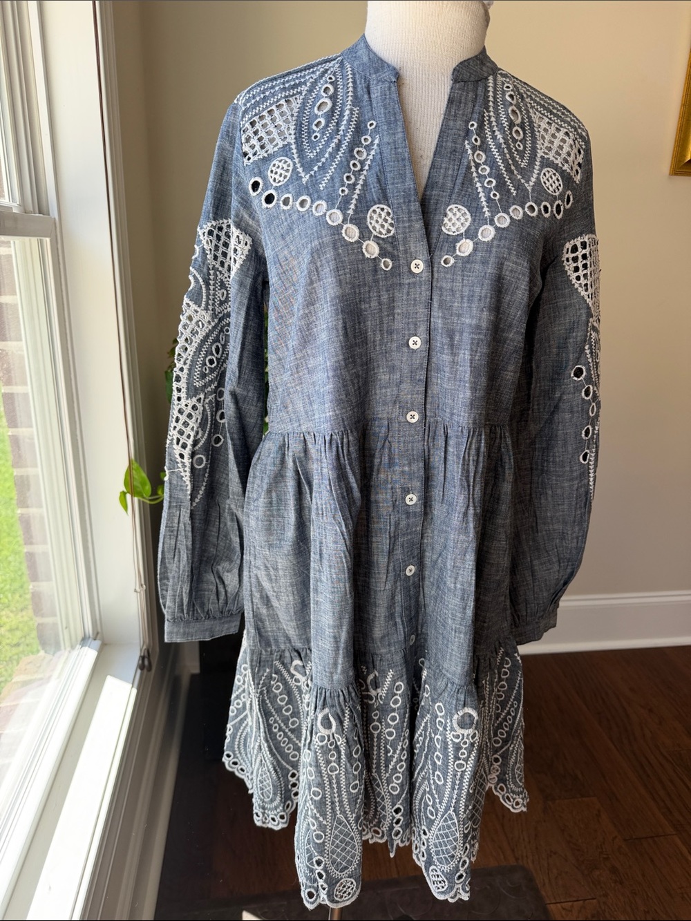 Embroidered Long-Sleeve Chambray Dress in Blue with Eyelet Detail